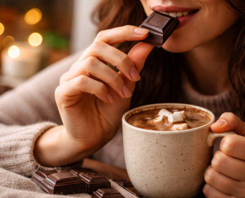 Personne savourant un carré de chocolat noir avec une boisson chaude, ambiance douce et réconfortante, lumière chaleureuse