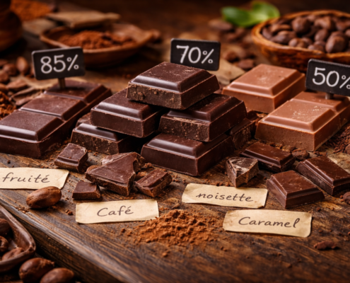 Table de dégustation avec plusieurs tablettes de chocolat de pourcentages différents, fèves de cacao, notes aromatiques, ambiance chaleureuse et élégante