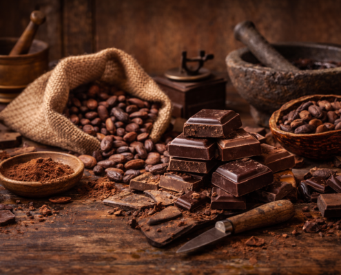 Table en bois avec fèves de cacao, morceaux de chocolat noir et outils de fabrication artisanale, ambiance chaleureuse et historique