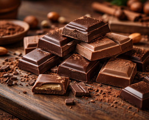 Carrés de chocolat noir et chocolat au lait sur une table en bois avec une ambiance chaleureuse et gourmande, lumière douce