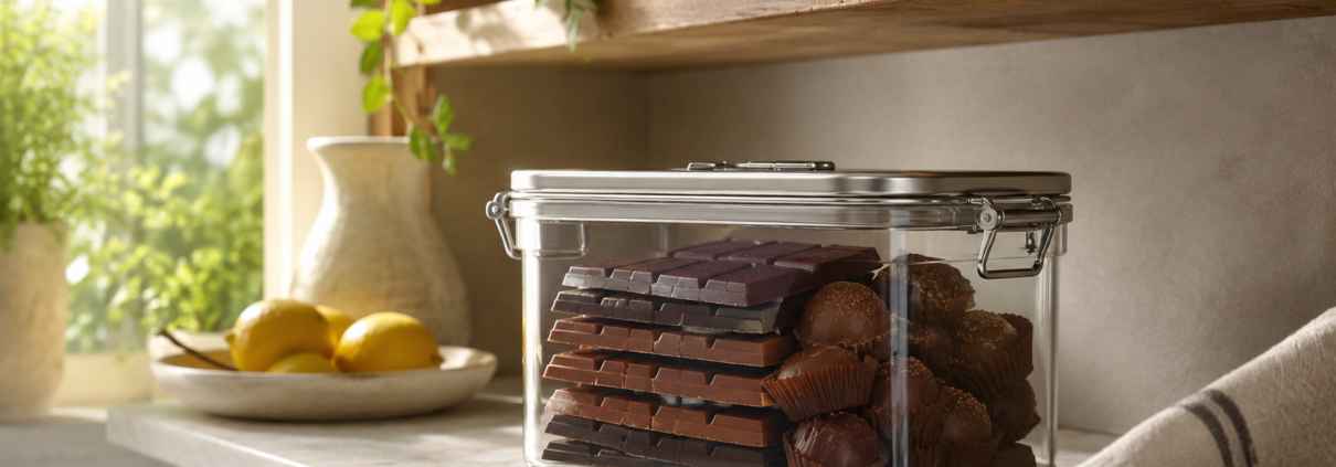Tablettes de chocolat conservées dans une boîte hermétique à l’abri de la chaleur en été