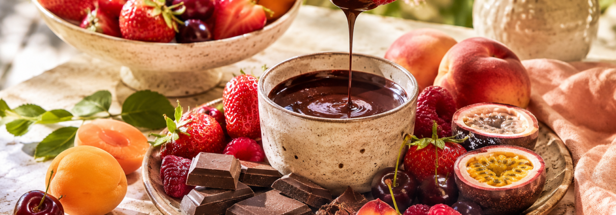 Chocolat noir, chocolat au lait et fruits d’été frais avec fraises, framboises, pêches et abricots