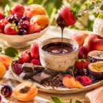 Chocolat noir, chocolat au lait et fruits d’été frais avec fraises, framboises, pêches et abricots