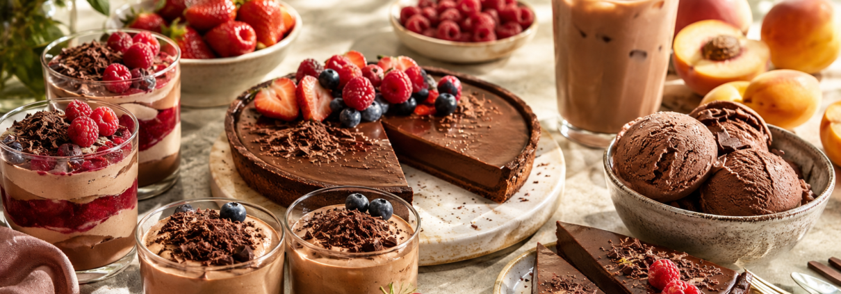 Desserts au chocolat pour les beaux jours avec fruits frais, mousse, verrines et glace au chocolat