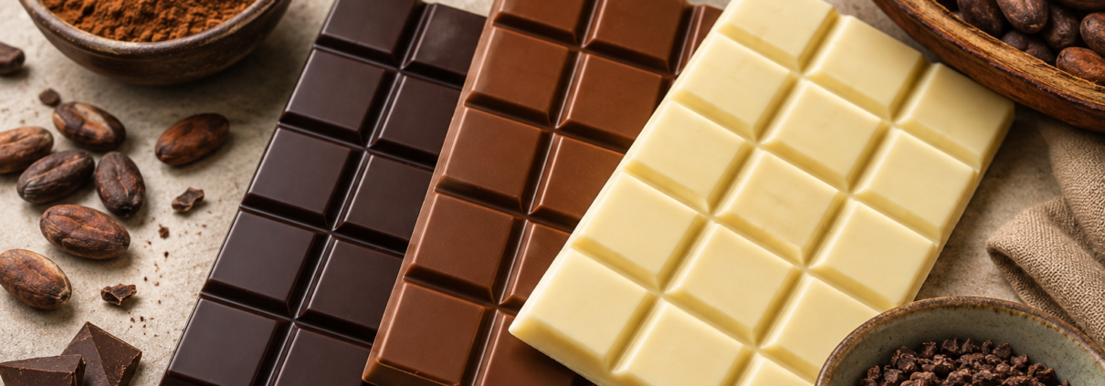 Tablettes de chocolat noir, au lait et blanc présentées avec des fèves de cacao pour illustrer les idées reçues sur le chocolat