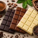 Tablettes de chocolat noir, au lait et blanc présentées avec des fèves de cacao pour illustrer les idées reçues sur le chocolat