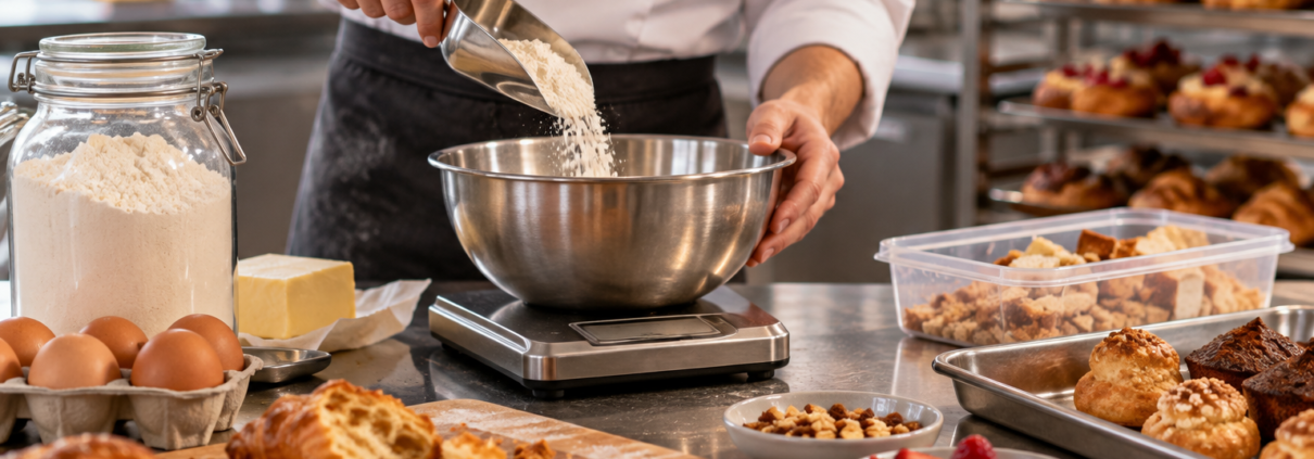 Préparation en boulangerie avec pesée précise des matières premières